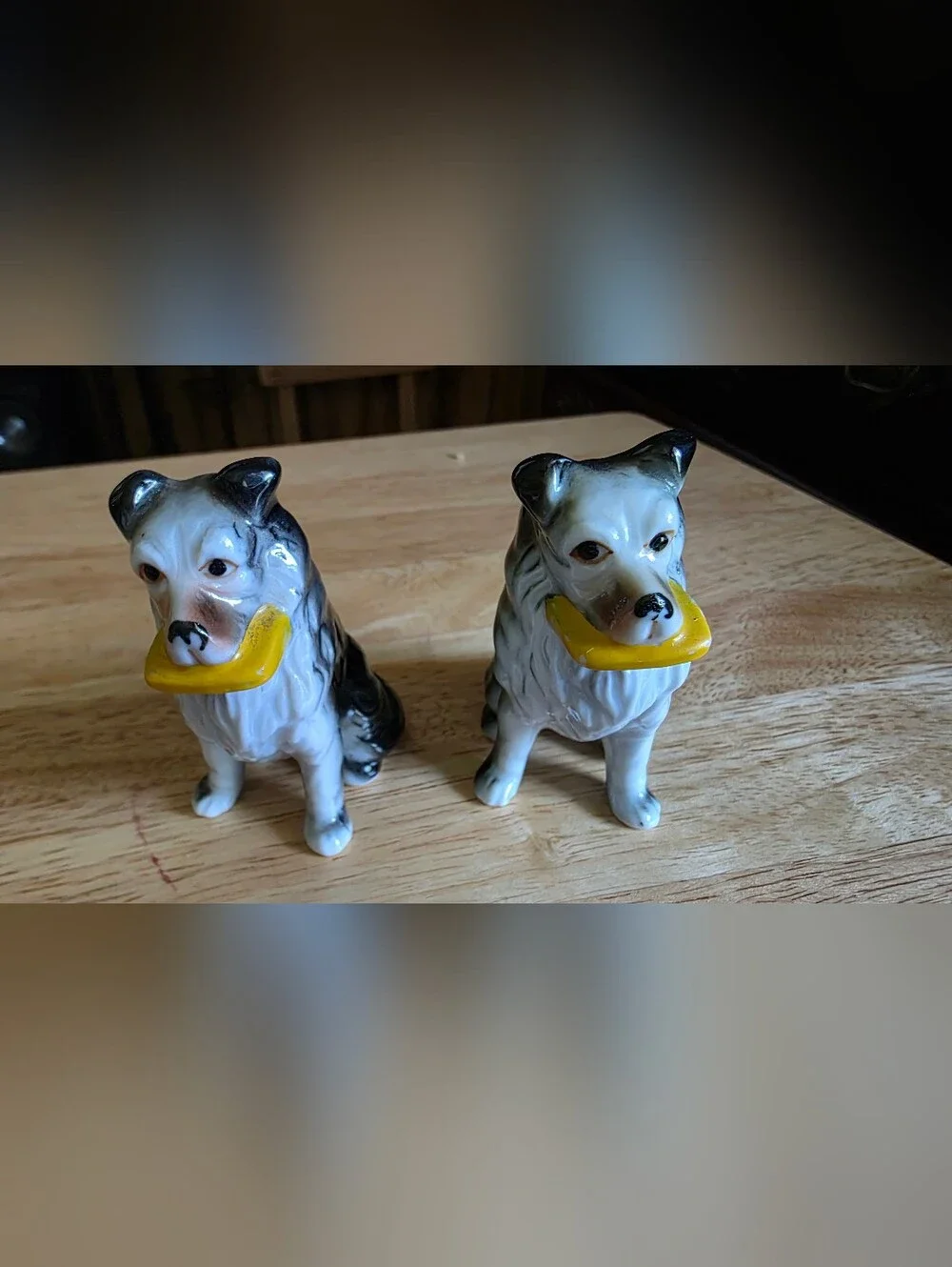 Ceramic Dog Figurine Set in White and Black with Yellow Accessory
